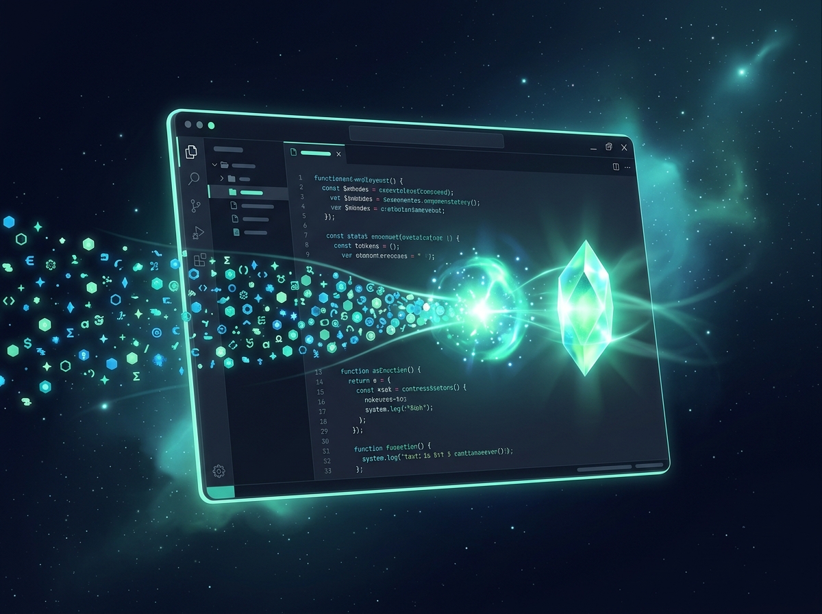 A code editor window with a stream of tokens compressed into a single glowing crystal.