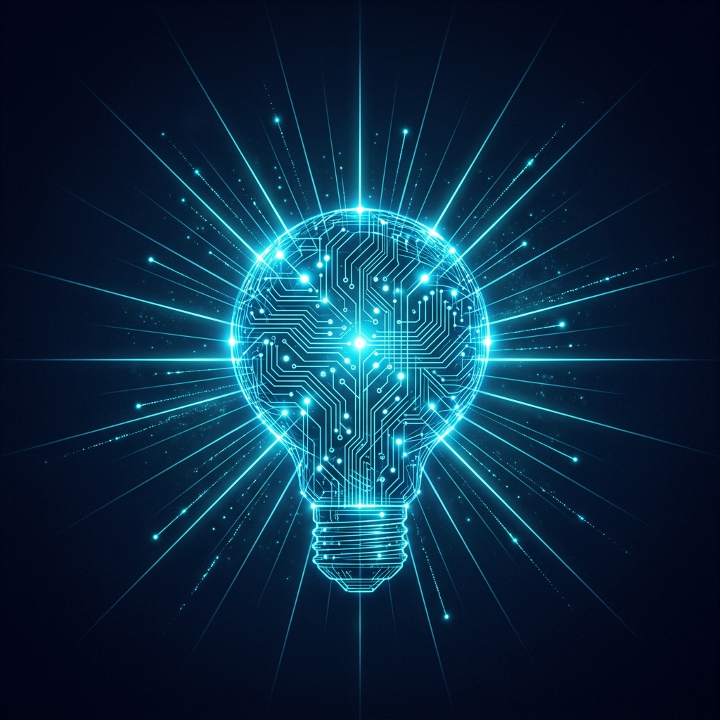 A glowing lightbulb made of circuit lines, a symbol of innovation.