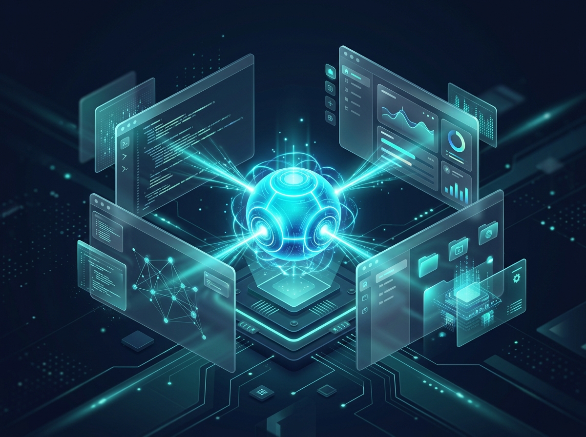 A glowing AI core connected to floating desktop windows, representing an AI that operates an operating system.